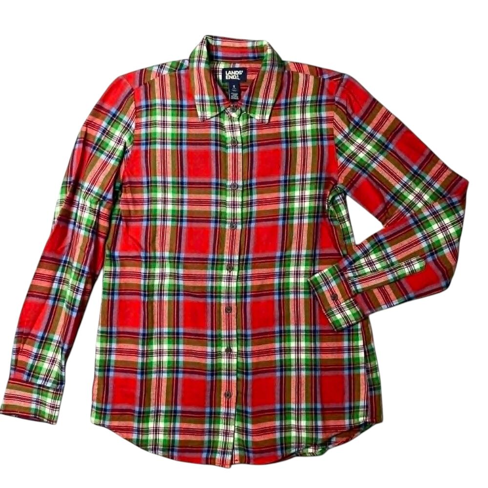 Lands' End Soft Flannel Button Down Red Plaid Sz Small Women's